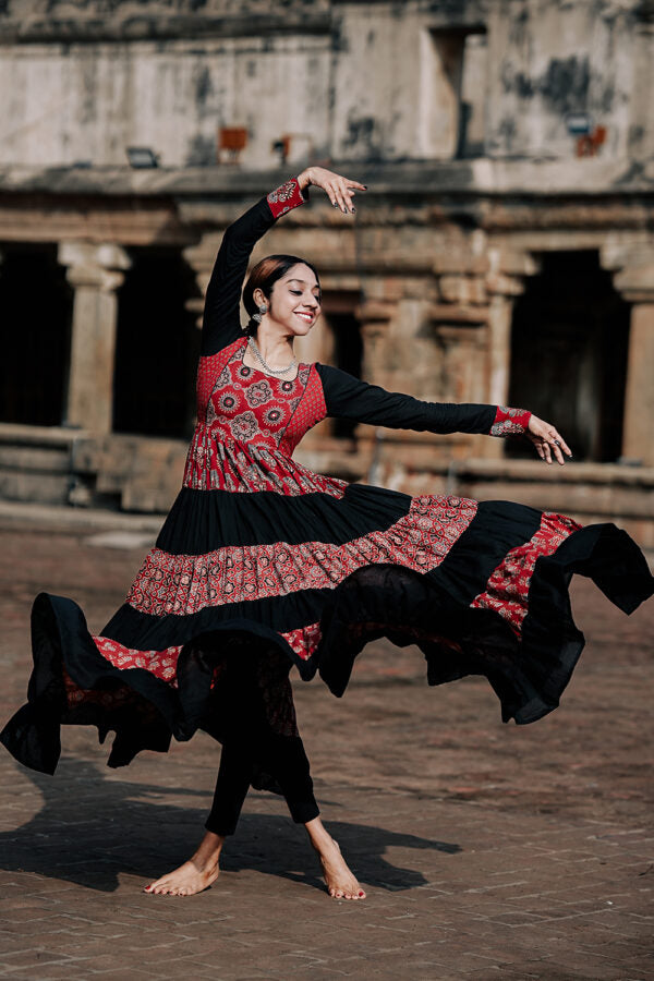 Black & Red Tiered Anarkali Floral