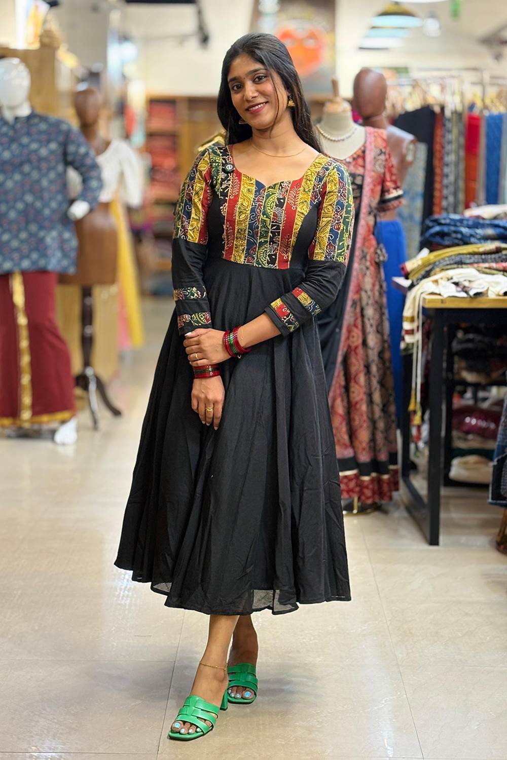 Black Mulcotton Umberlla Dress Multipatch Yoke