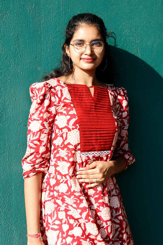 Red Floral Dress with Pleated yoke