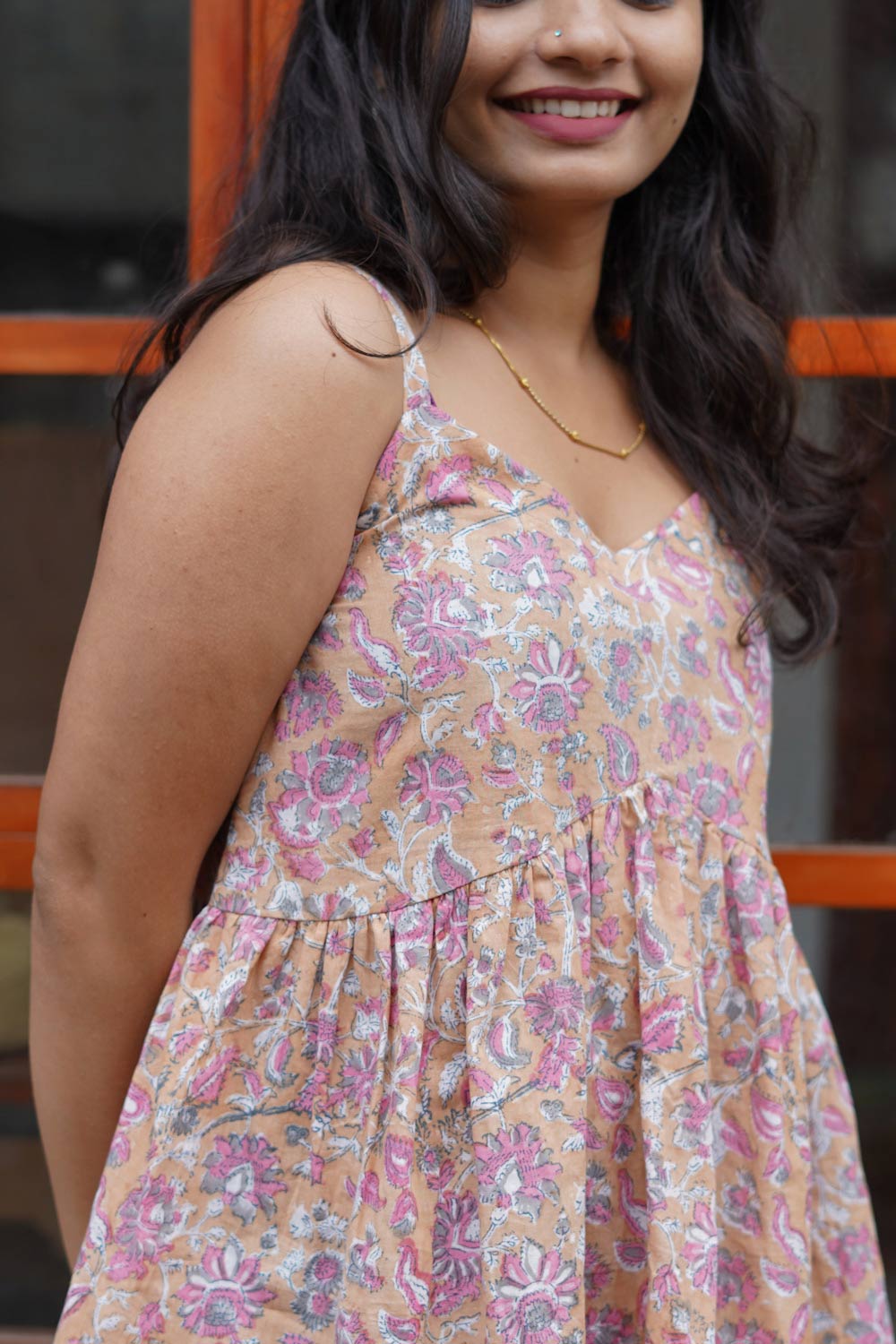 Peach & Pink Sanganeri Spaghetti Top