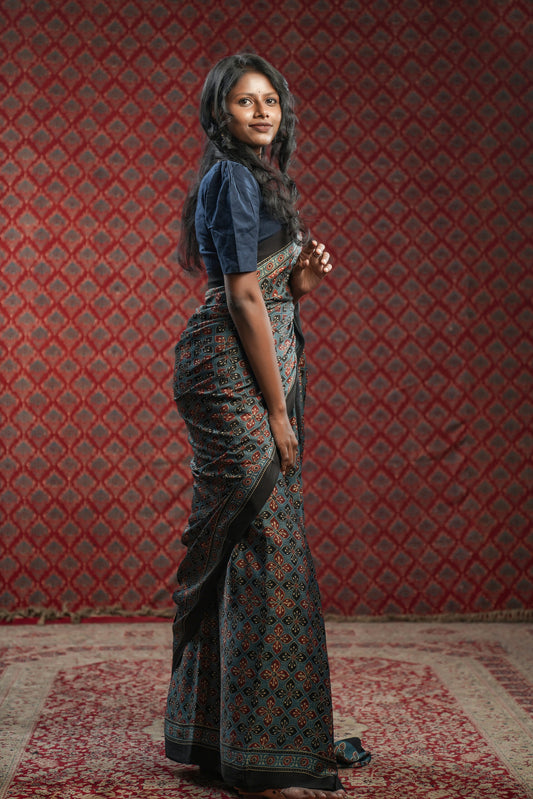 Blue Base Modal Silk Saree with Maroon Triangle Print