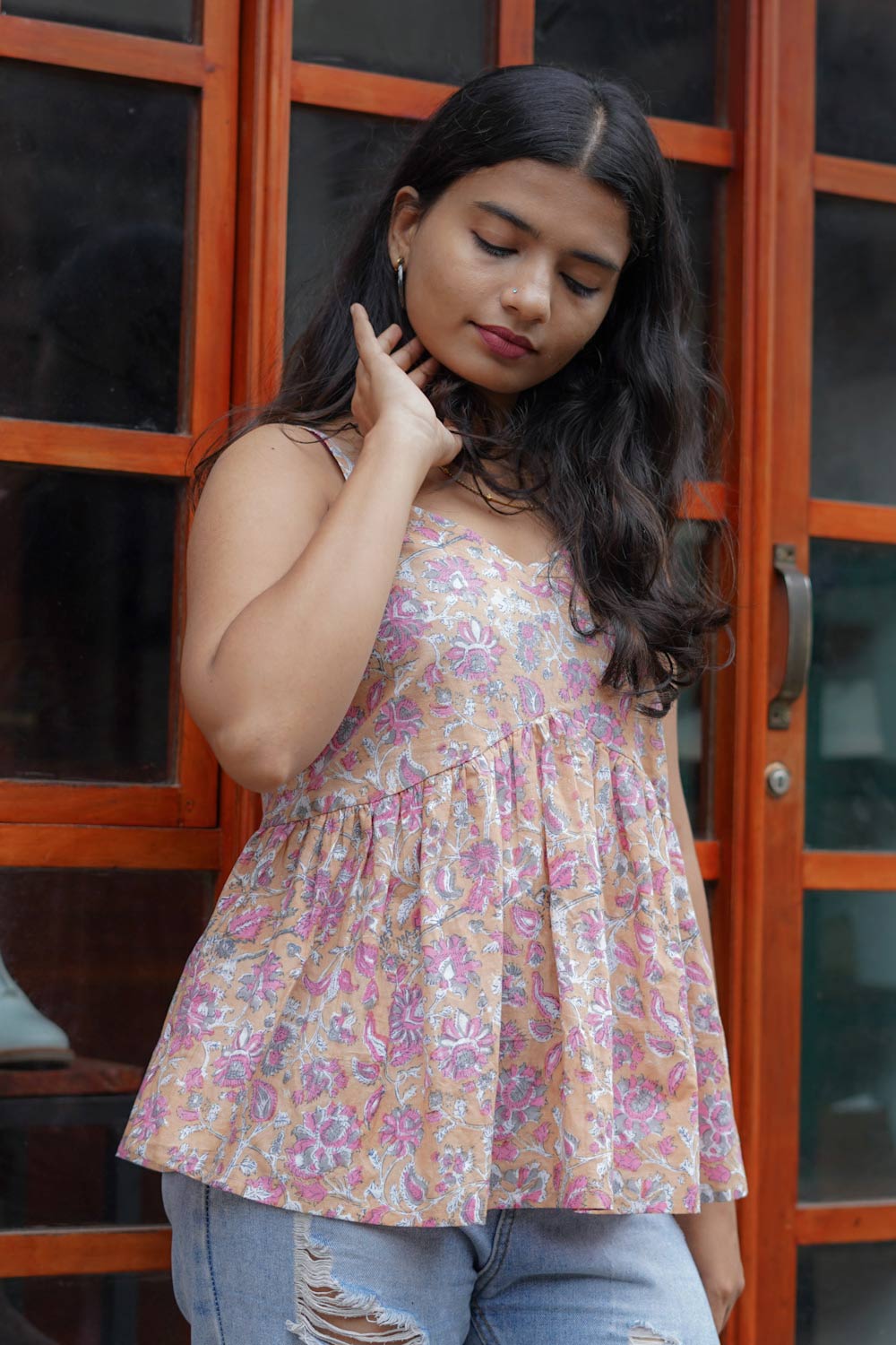 Peach & Pink Sanganeri Spaghetti Top