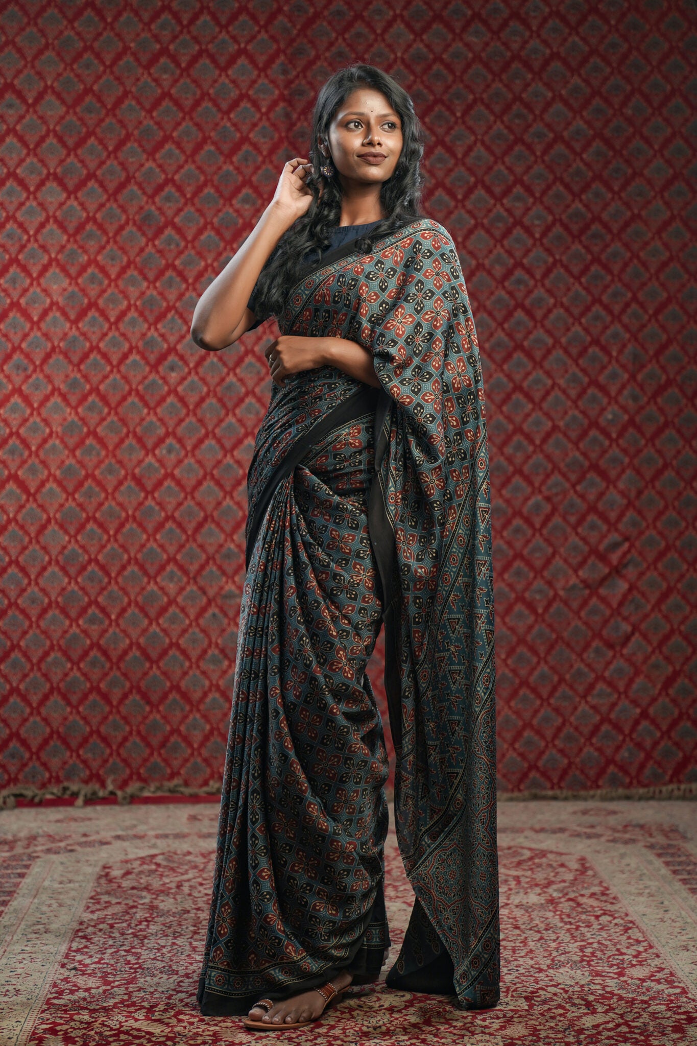 Blue Base Modal Silk Saree with Maroon Triangle Print