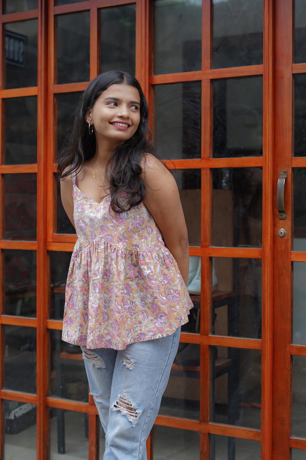 Peach & Pink Sanganeri Spaghetti Top