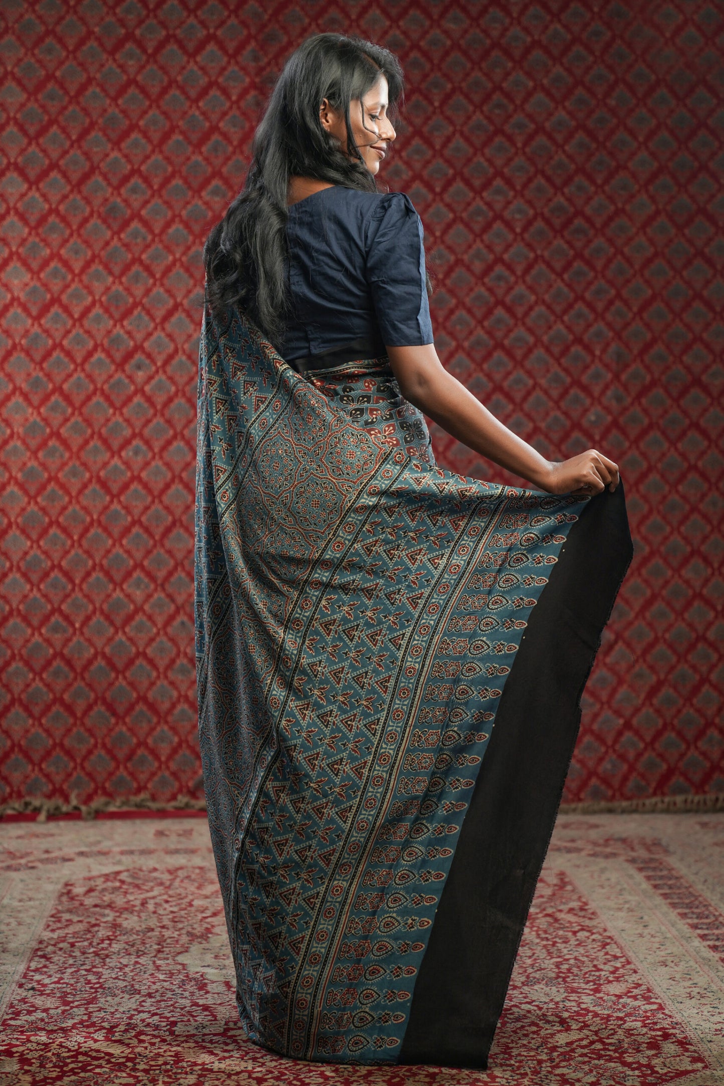 Blue Base Modal Silk Saree with Maroon Triangle Print