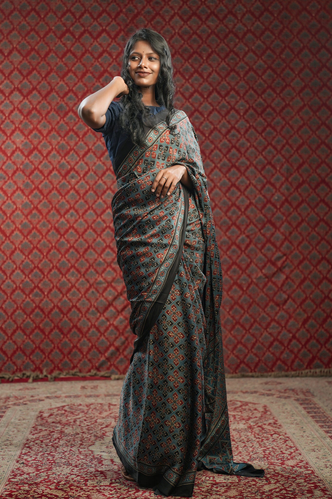 Blue Base Modal Silk Saree with Maroon Triangle Print