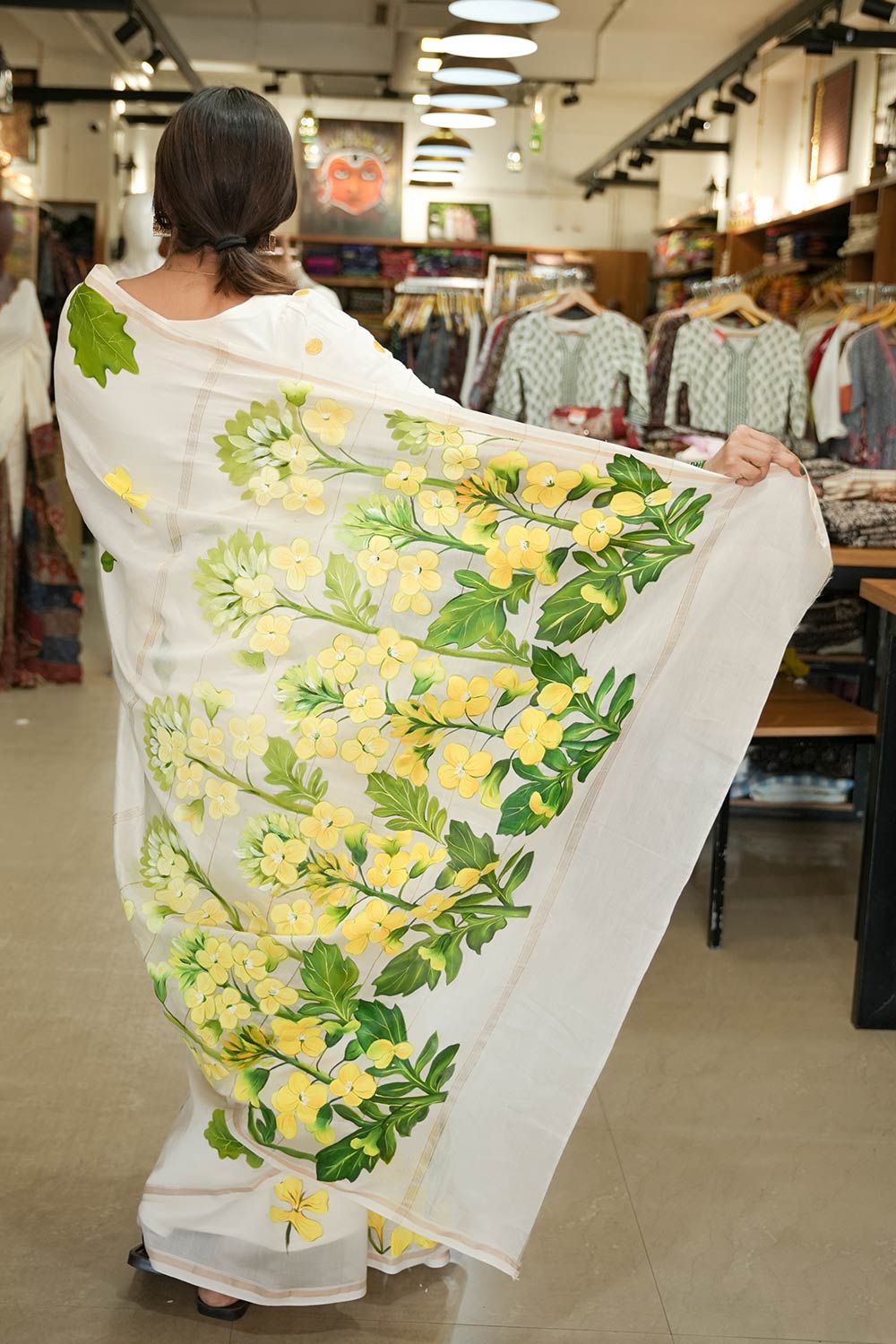 Mustard Flower Hand Painted Maheswari Silk Saree