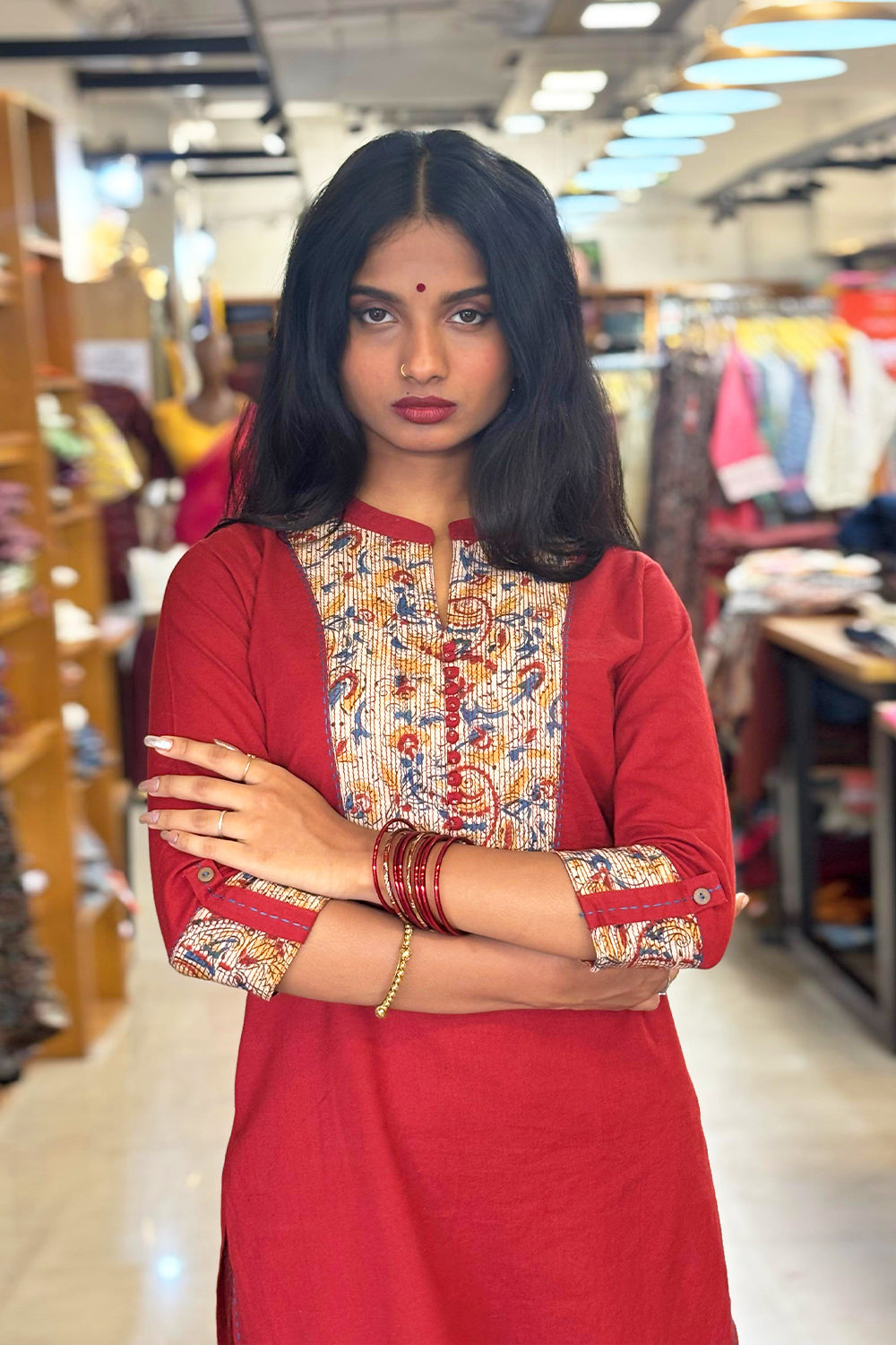 Red Base Kalamkari Kurthi Set