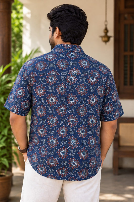 Blue Base Leaf Like Print Modal Slik Shirt