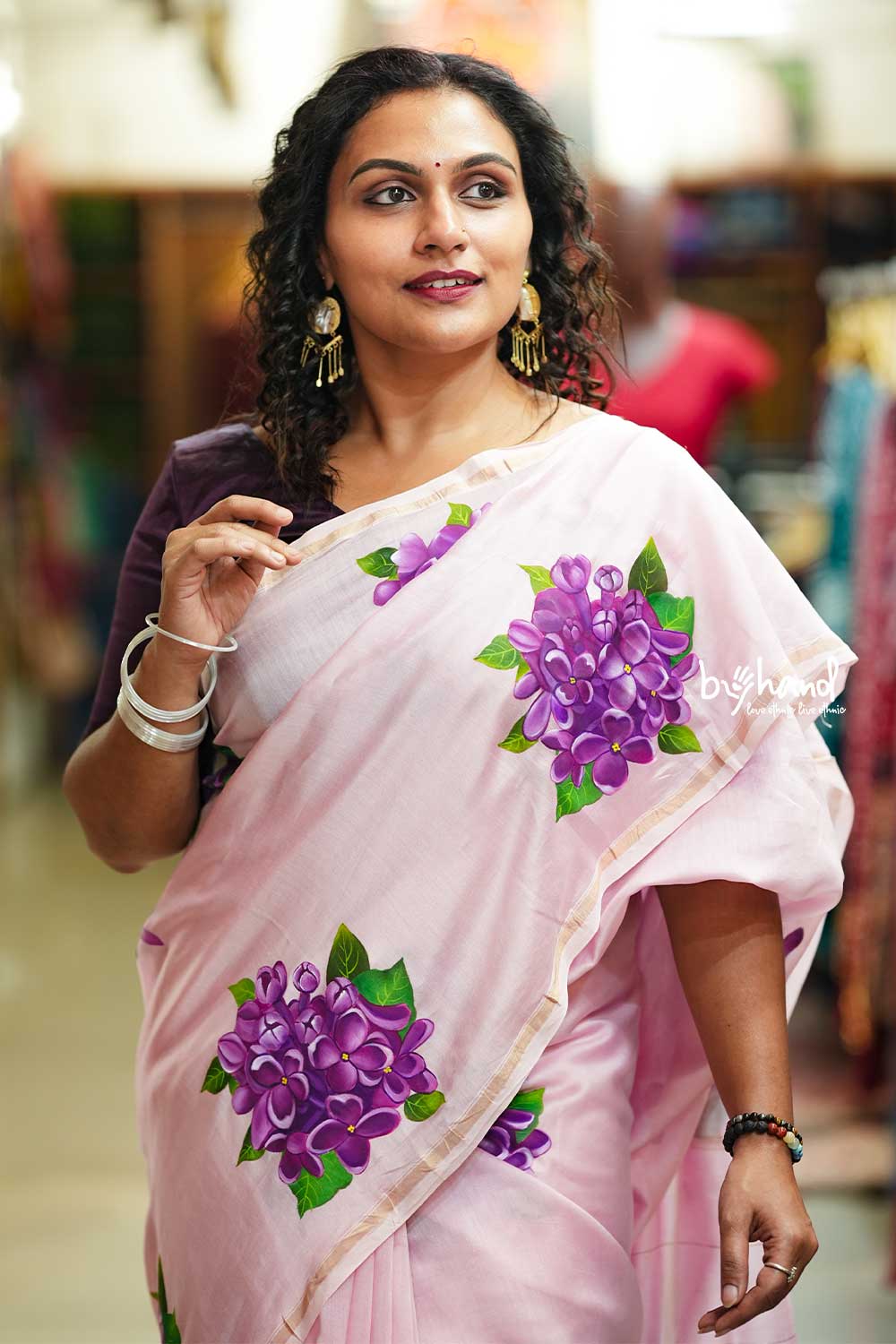Pink Saree With Purple Hydrangea flower Handpainted