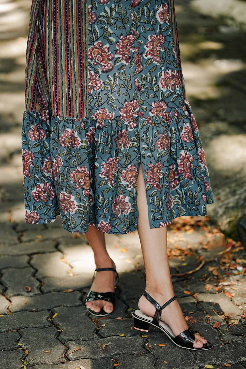 Teal Base Floral 3 Panel Long Dress