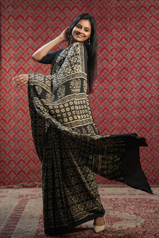 Cream Base Modal Silk Saree with Black Floral Print