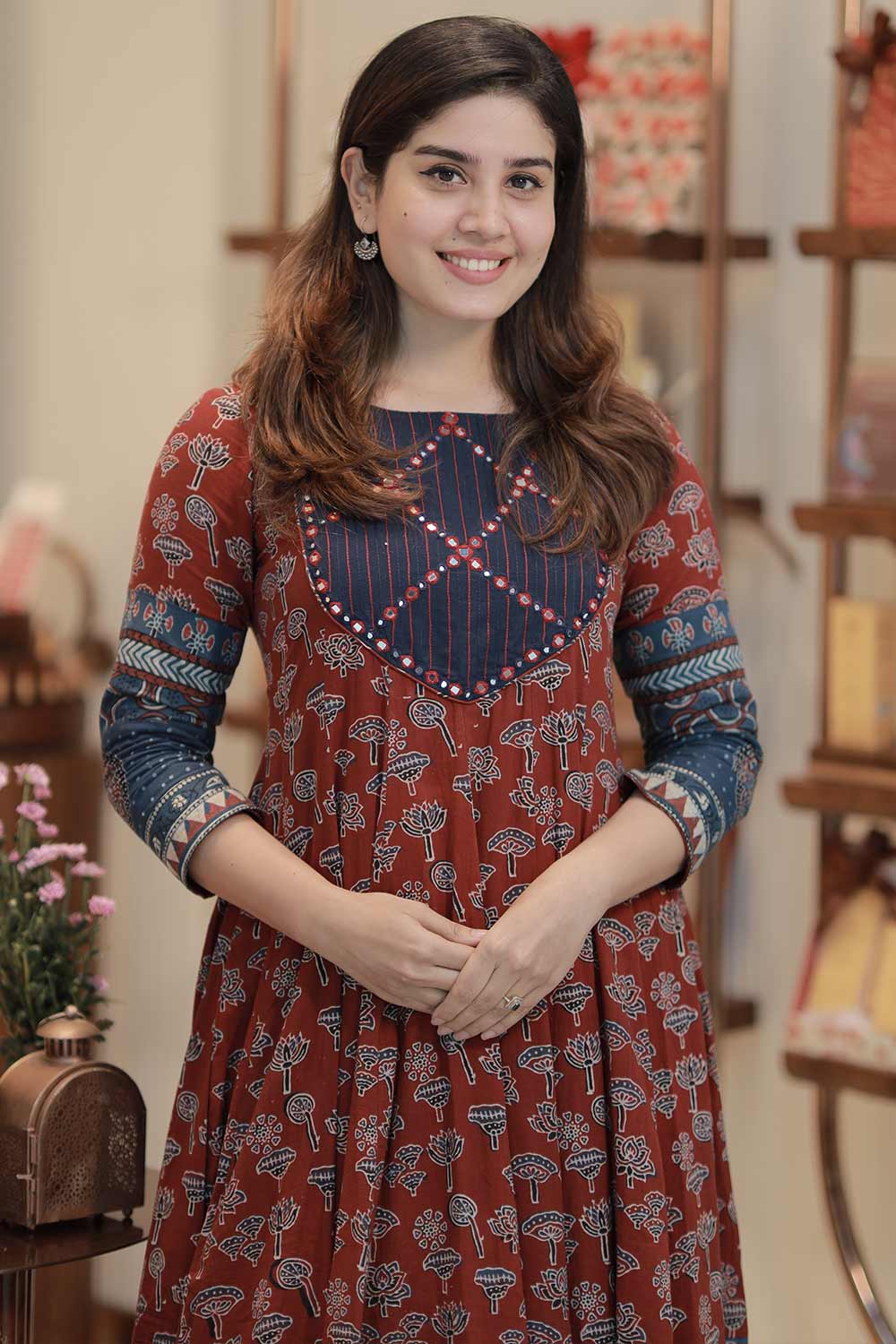 Red Base Lotus Printed Ajrakh Anarkali