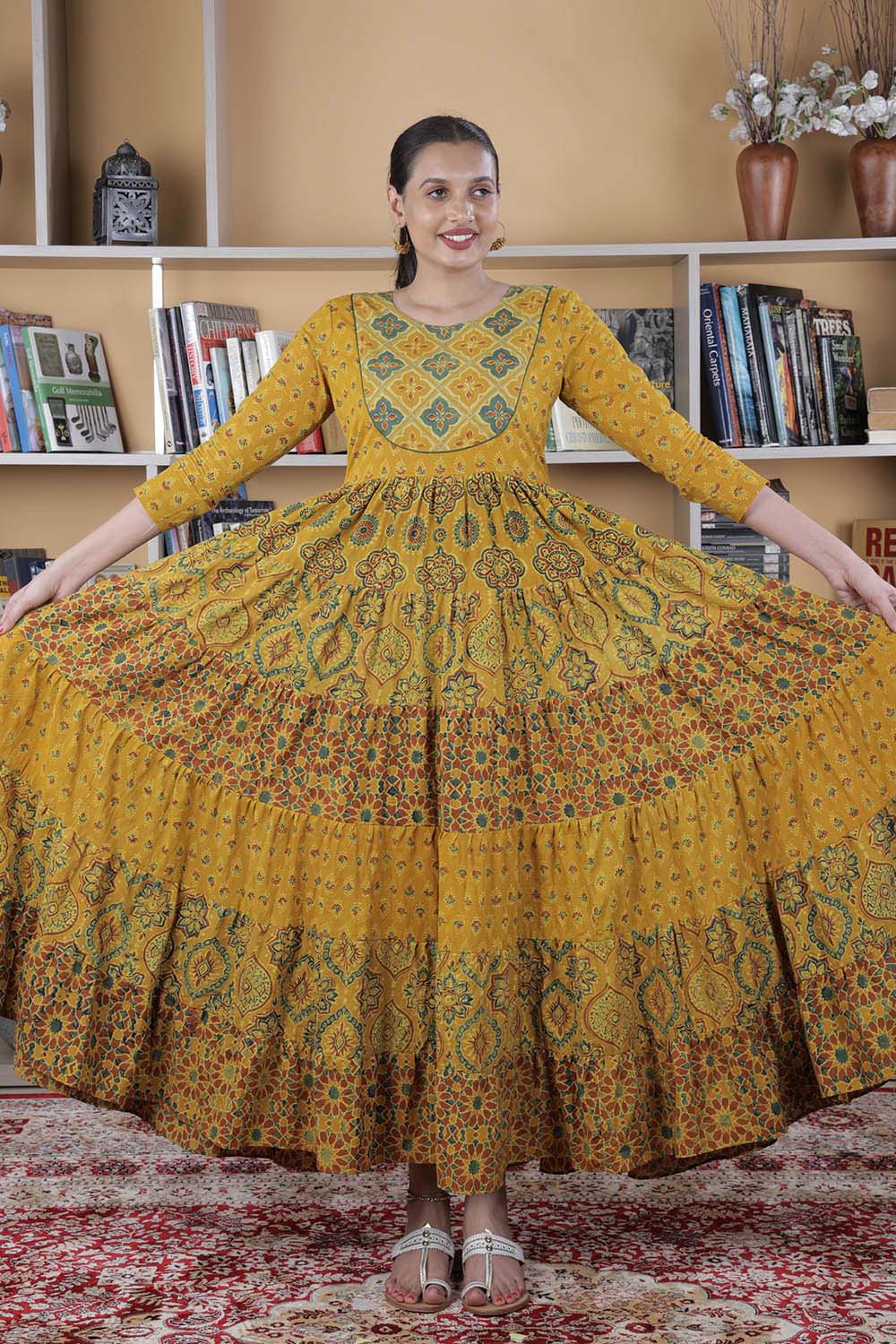 Yellow Ajrakh Tiered Dress