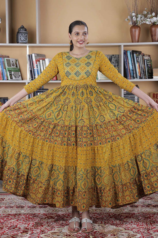 Yellow Ajrakh Tiered Dress