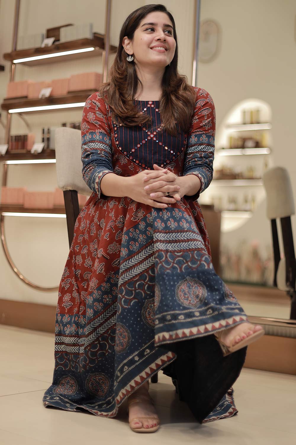 Red Base Lotus Printed Ajrakh Anarkali