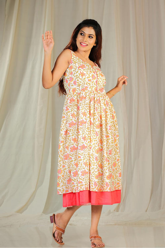 White base sanganeri gathered frock