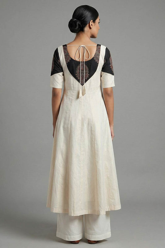 Offwhite Golden Lurex Black Ajrakh Printed Anarkali