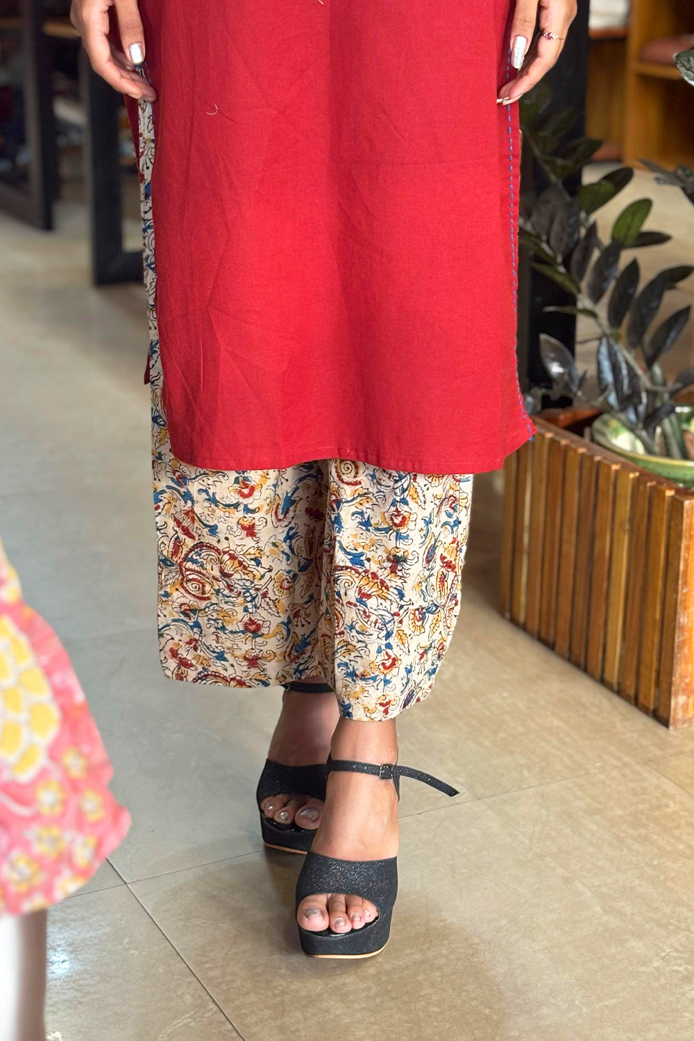 Red Base Kalamkari Kurthi Set