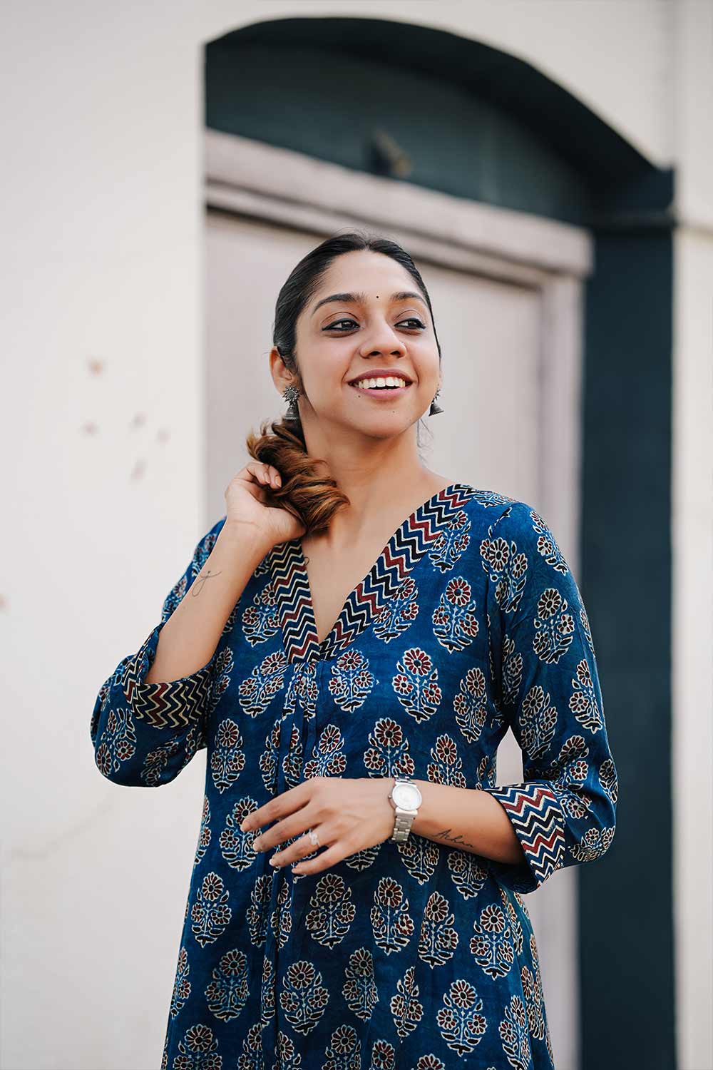 Model Blue Base Printed Aline Kurthi