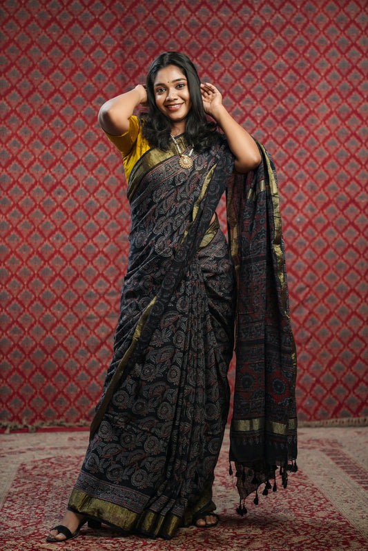 Black Base Linen Cotton Saree with Blue Floral