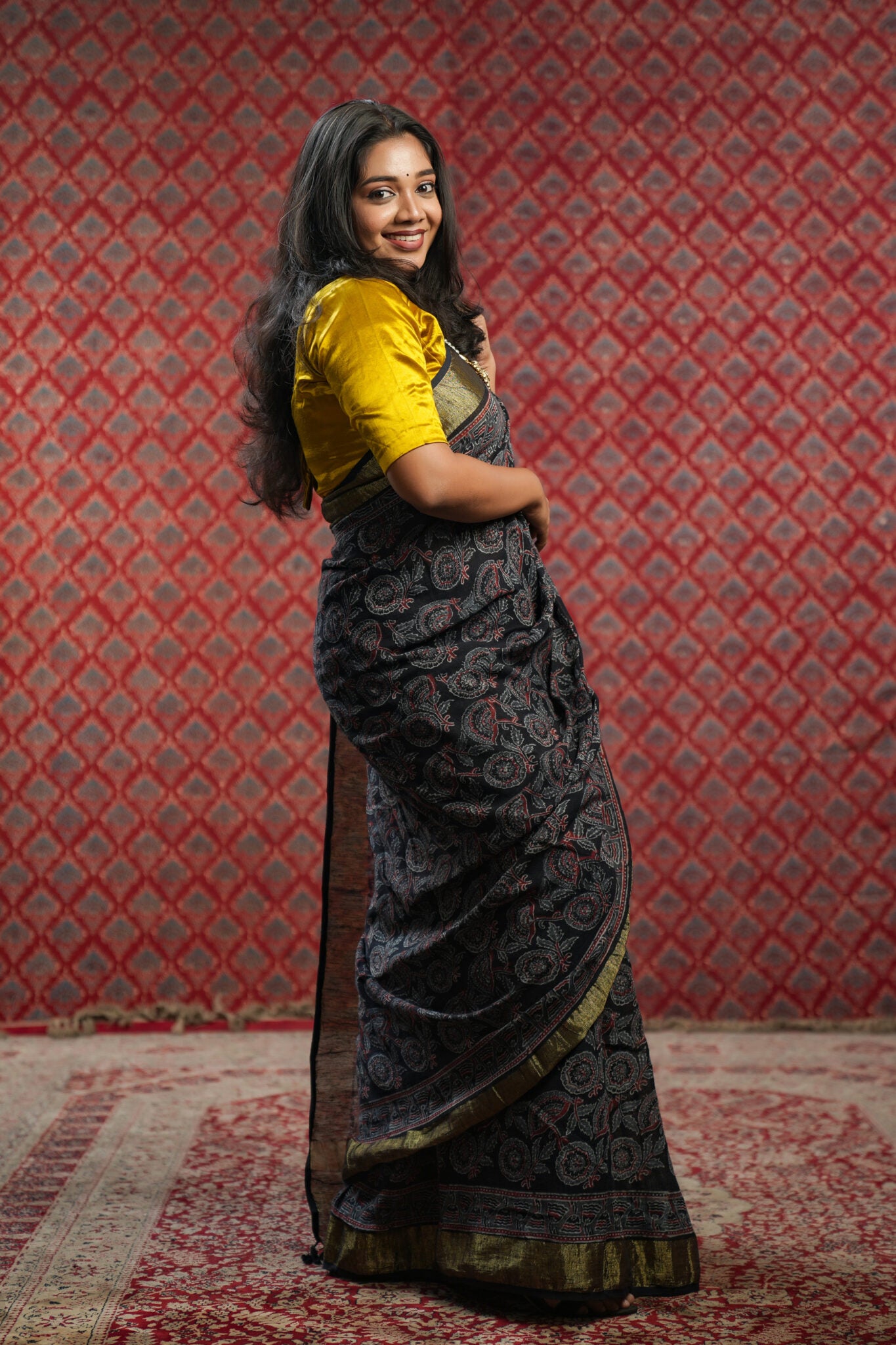 Black Base Linen Cotton Saree with Blue Floral