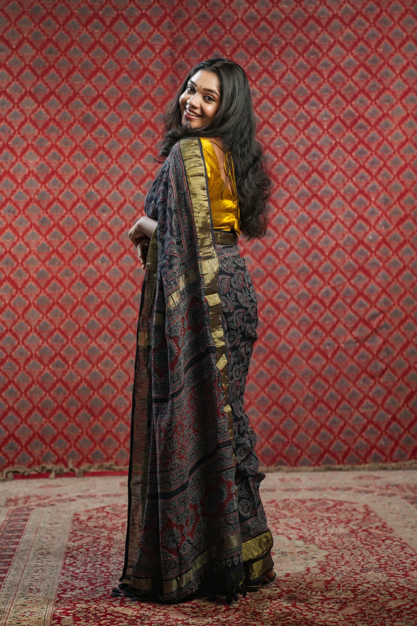 Black Base Linen Cotton Saree with Blue Floral