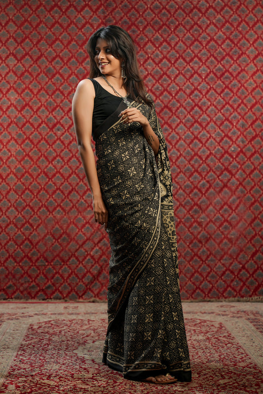 Cream Base Modal Silk Saree with Big Black Floral Print