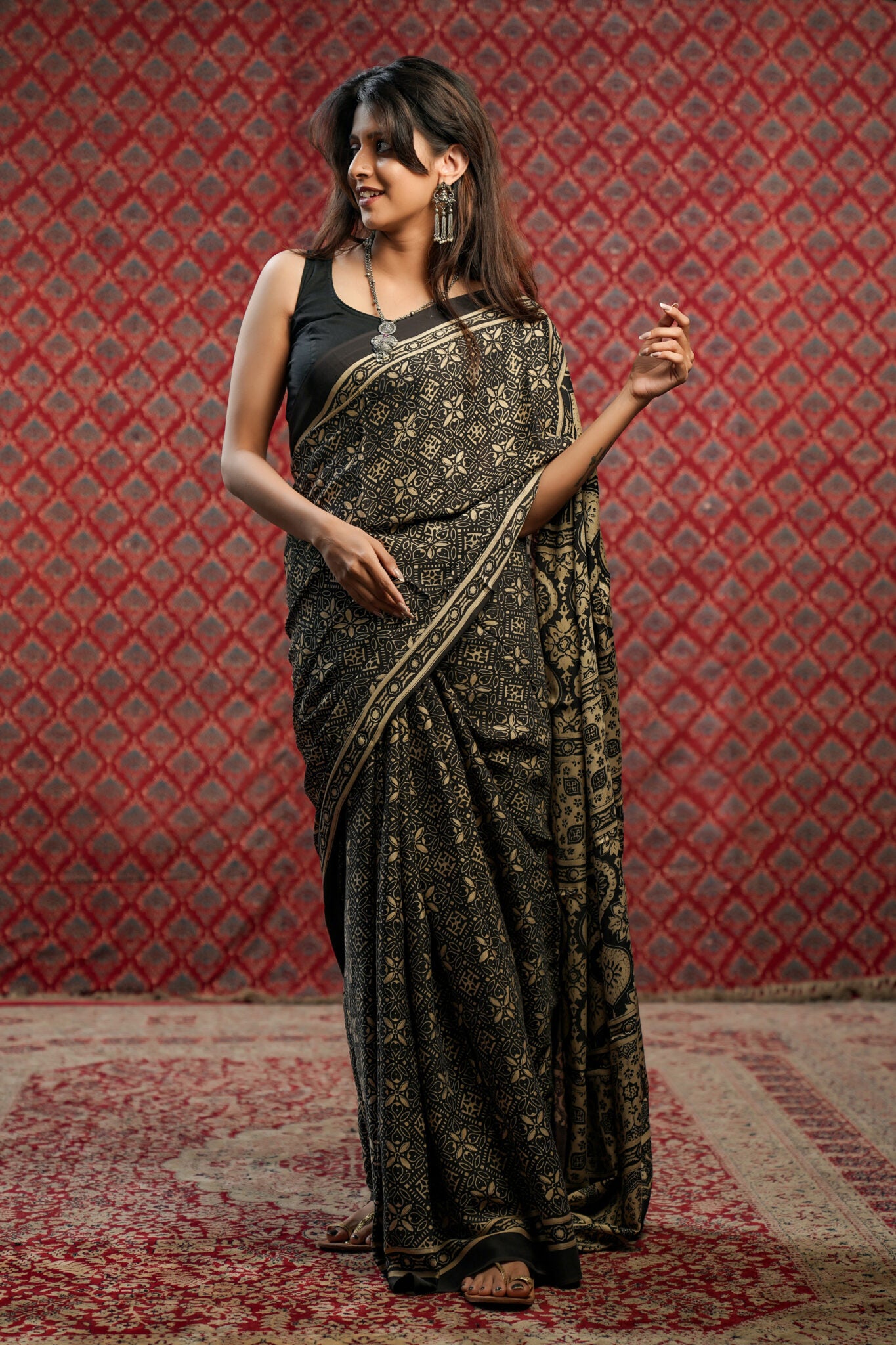 Cream Base Modal Silk Saree with Big Black Floral Print