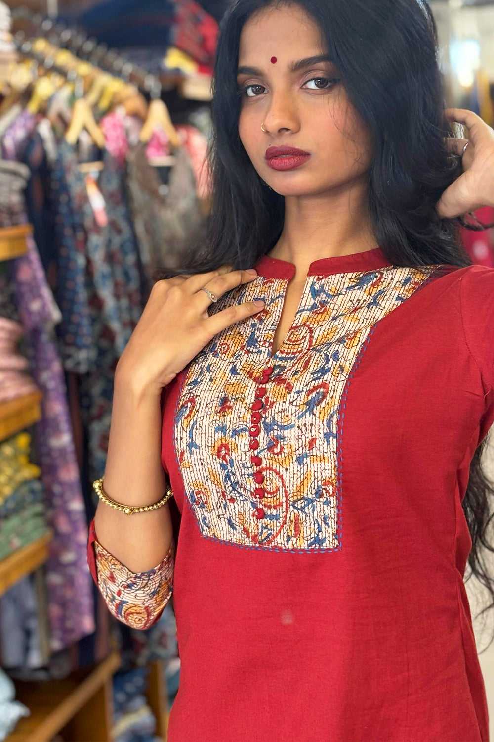 Red Base Kalamkari Kurthi Set
