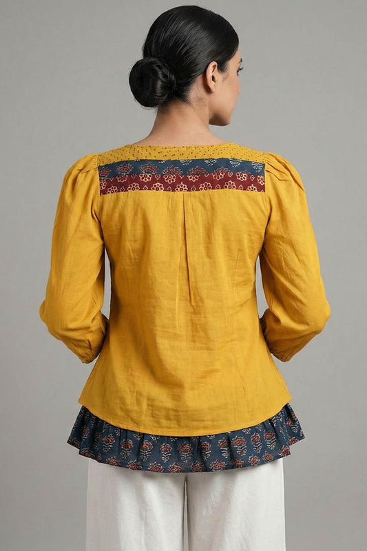 Yellow Cotton Short Top with Patch On Neck
