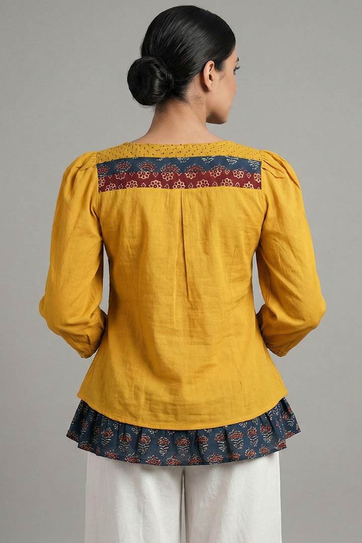Yellow Cotton Short Top with Patch On Neck