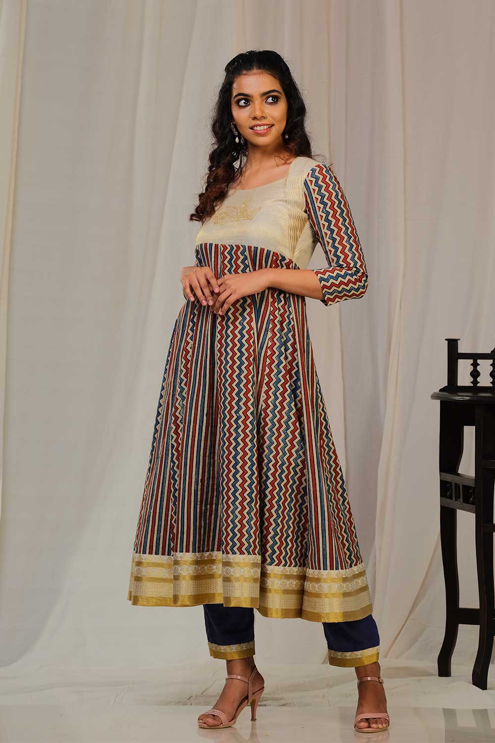 Ajrakh Zig-Zag Anarkali with Blue Chendamangalam Trousers