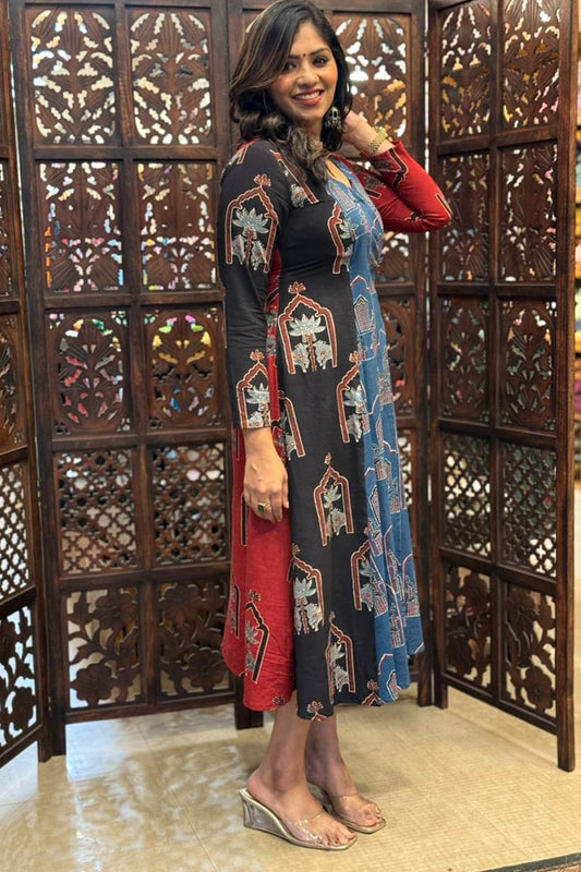Black Blue & Red 3 Panel Ajrakh Wrap Dress