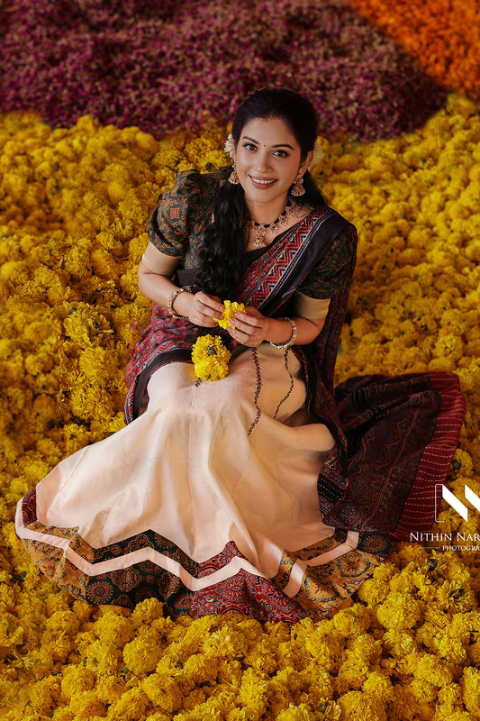 Ajrakh Patchwork skirt, Ajrkah Blouse and Dupatta set