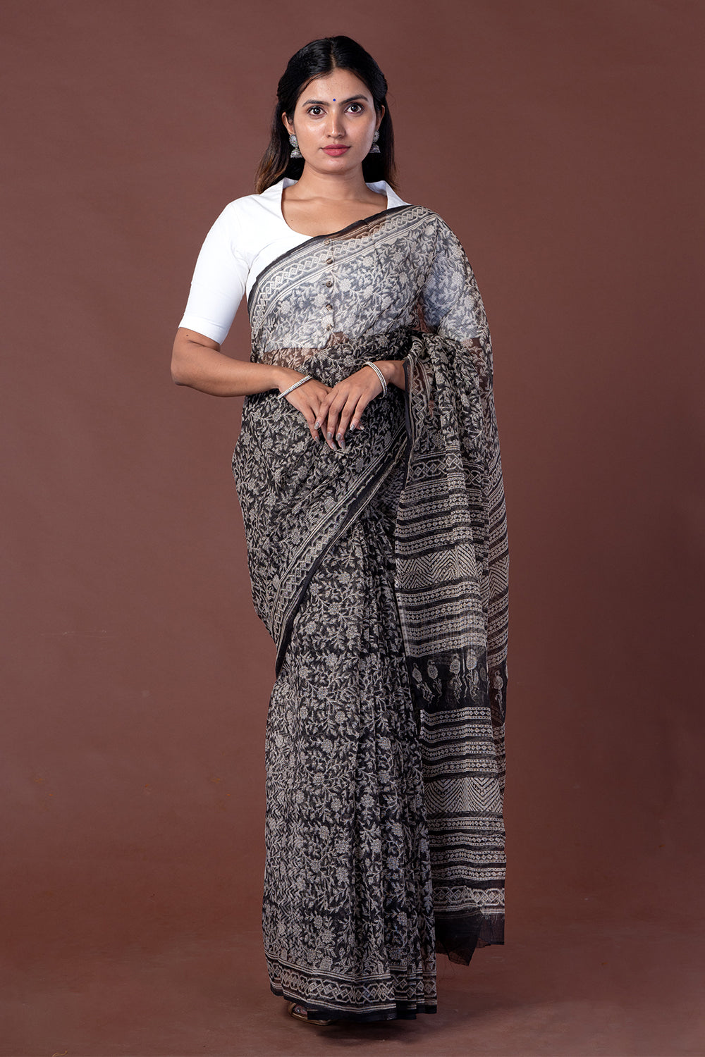 Kotadoria Black Saree with Offwhite Floral Print