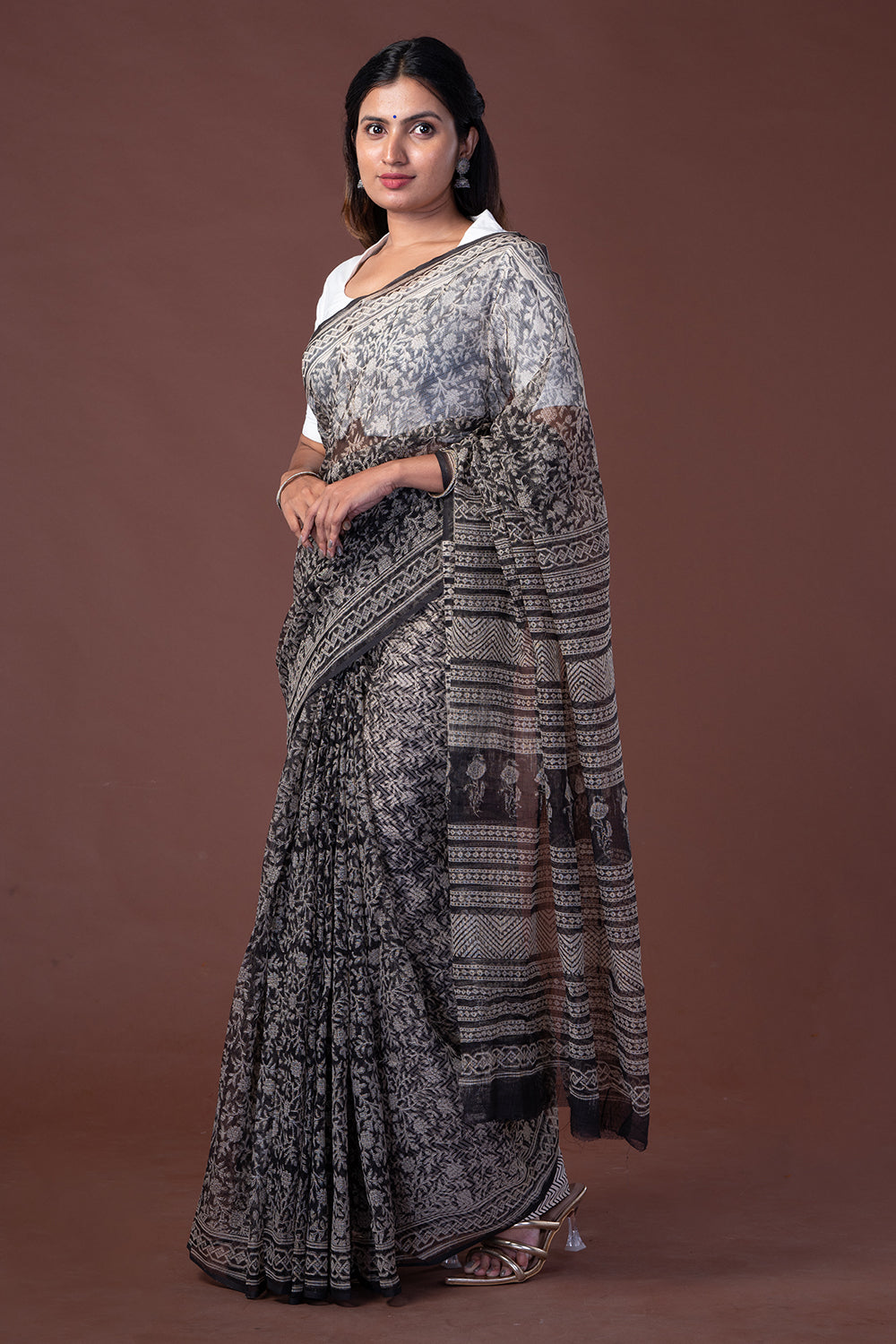 Kotadoria Black Saree with Offwhite Floral Print