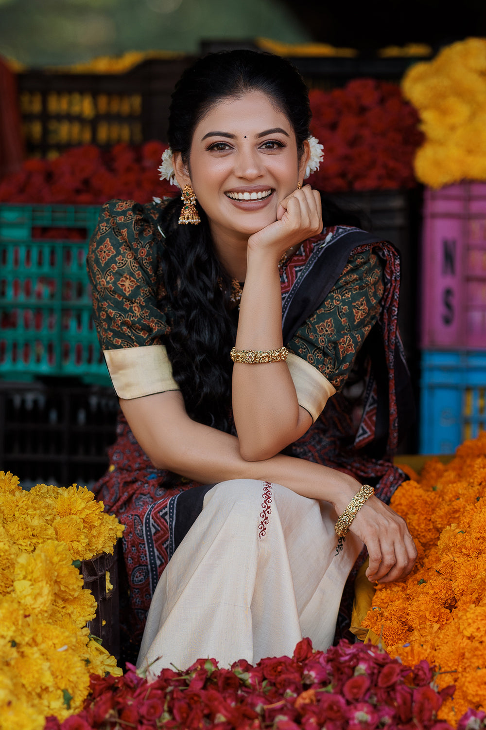 Ajrakh Patchwork skirt, Ajrkah Blouse and Dupatta set
