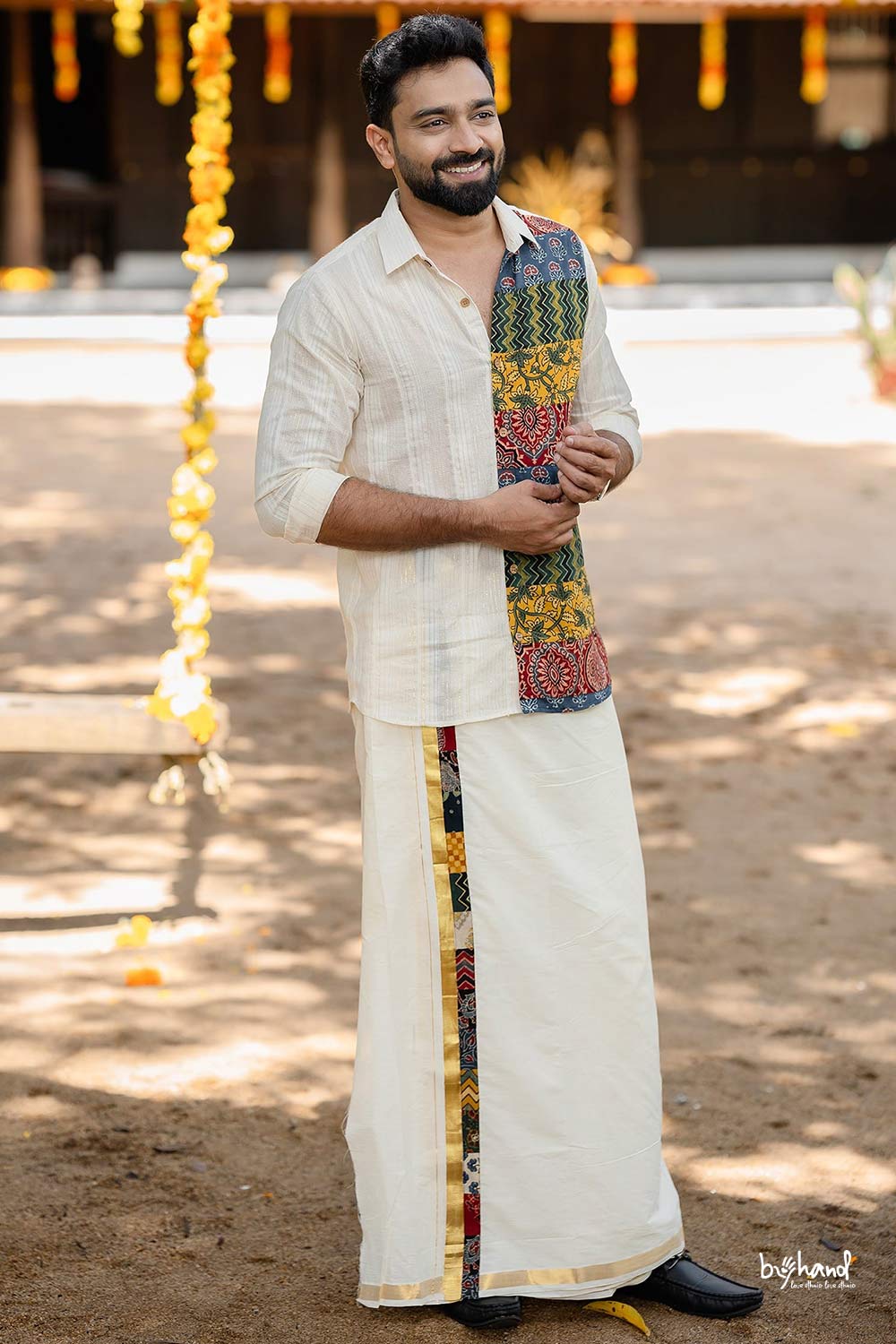 Kerala Kasavu Dhothi With Ajrakh PatchBorder