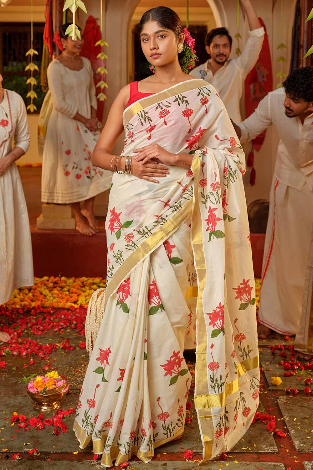 Off-white Kerala Saree with Printed Flowers
