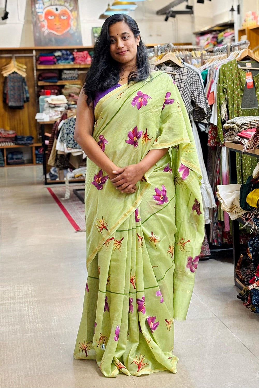 Green chanderi saffron handpainted saree