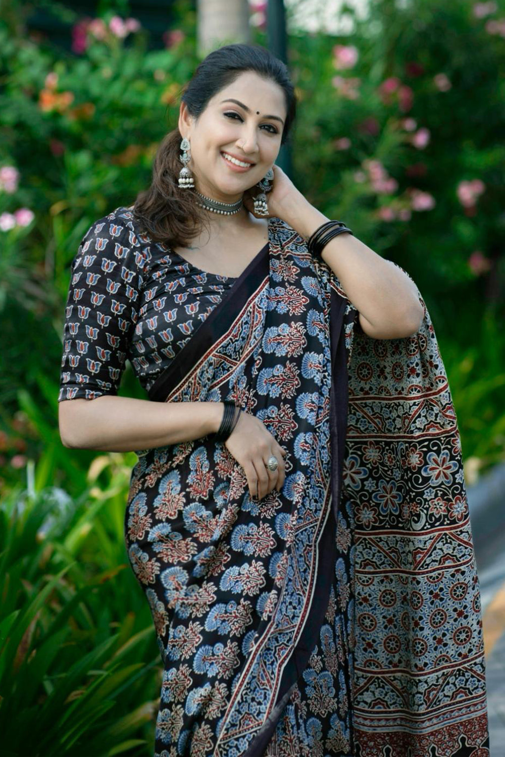 Black Ajrakh Modal Silk Saree