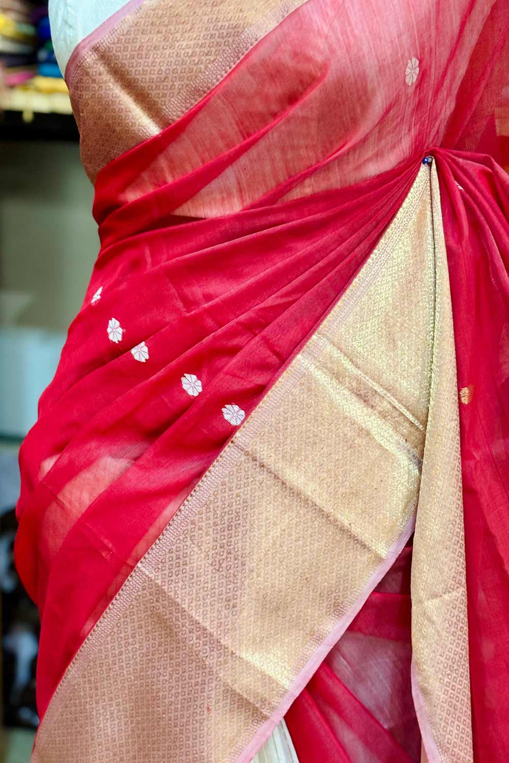 Red Maheswari Silk Saree Half & Half