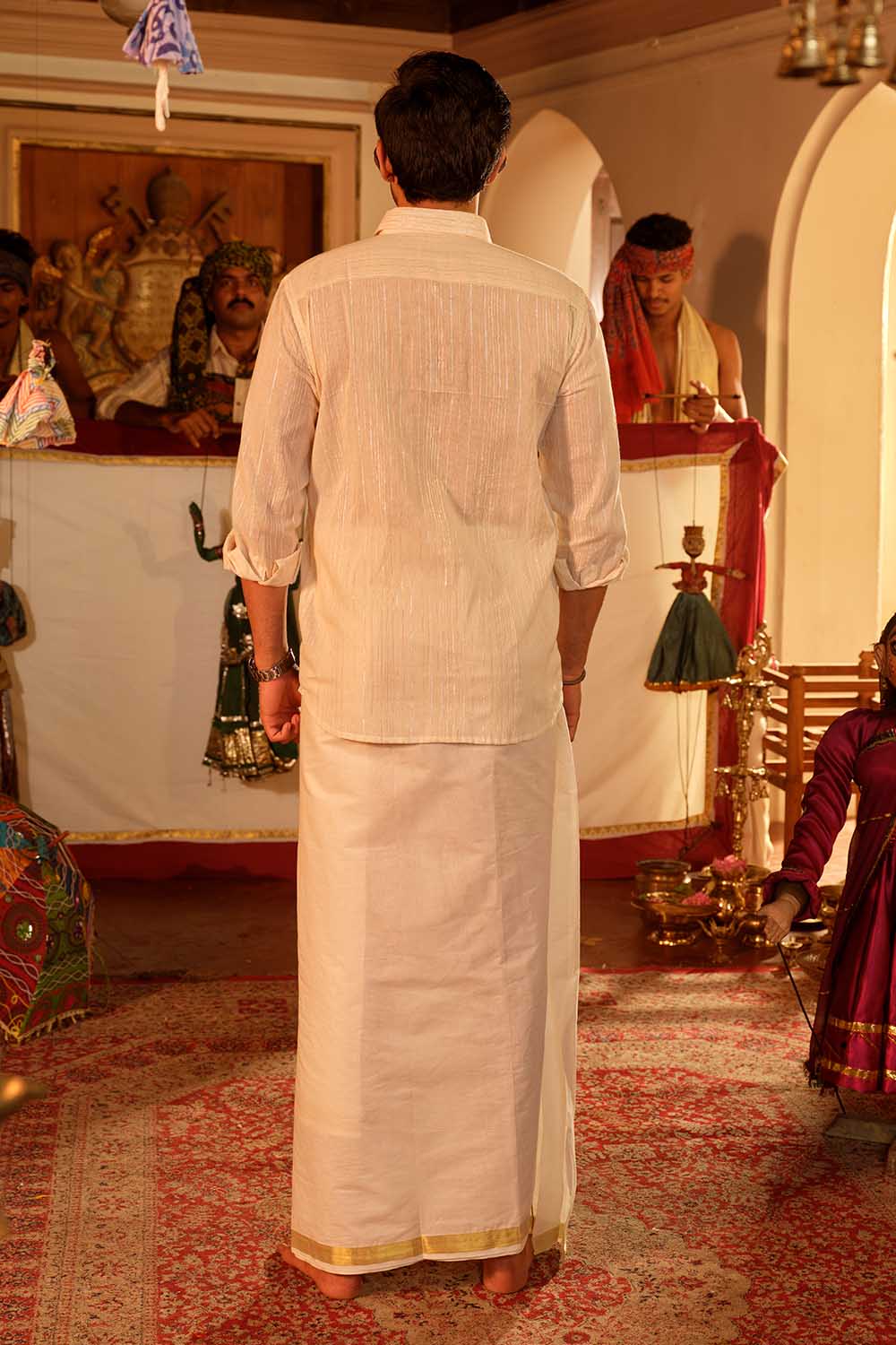 Golden & Silver Full Sleeve Off-White Shirt With Ajrakh Patch
