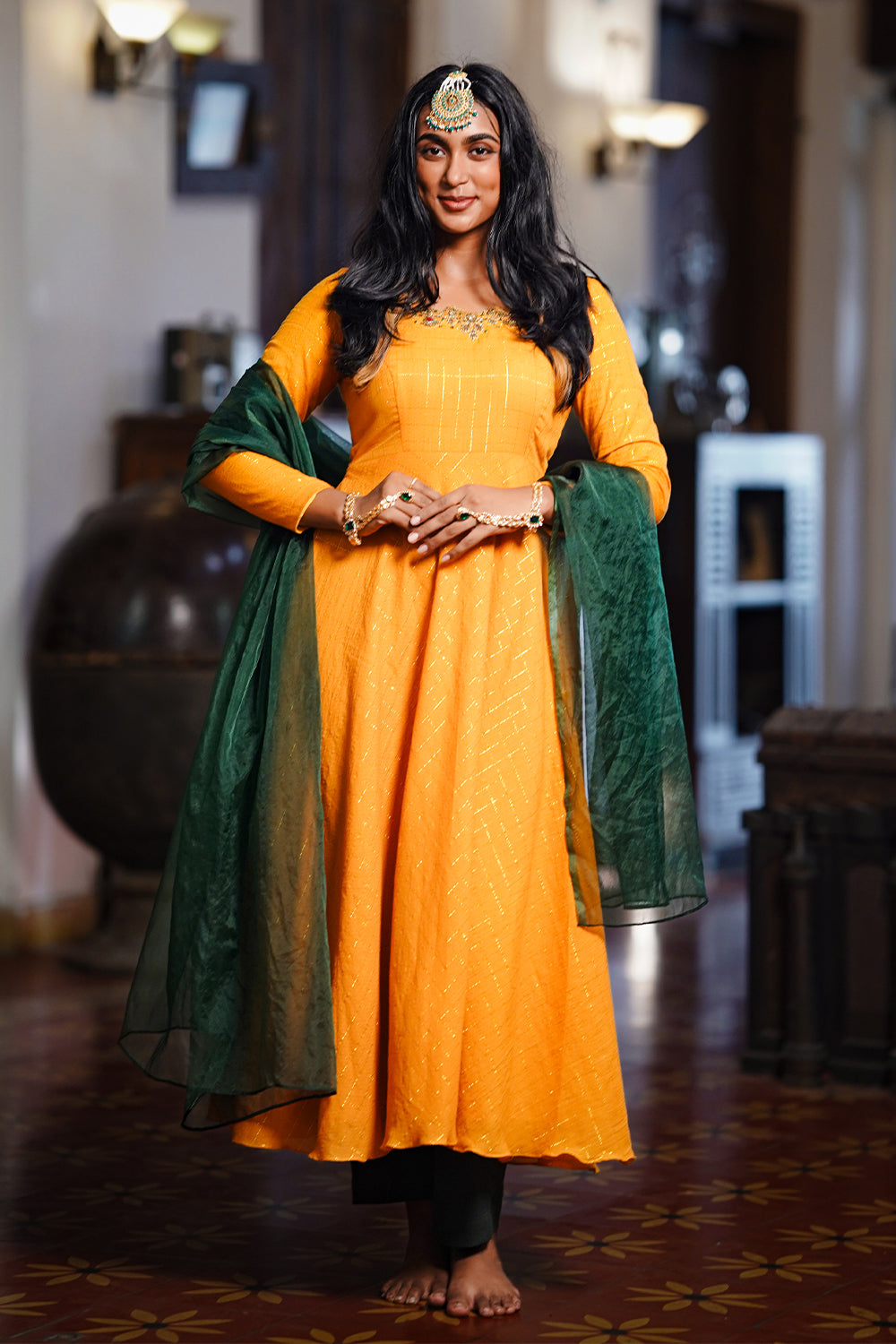 Yellow Circular Anarkali with Embroidery Yoke