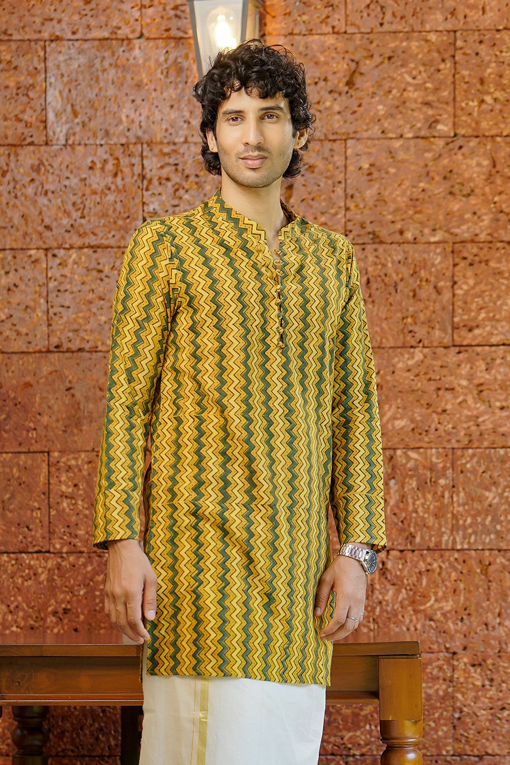 Ajrakh Yellow Base Zigzag Long Kurtha