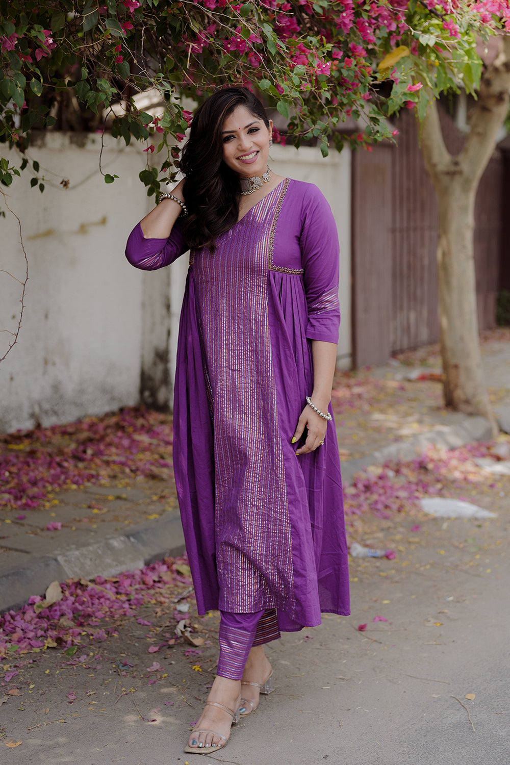 Purple Co-ord Set with Side Slit pleates & Embroidery