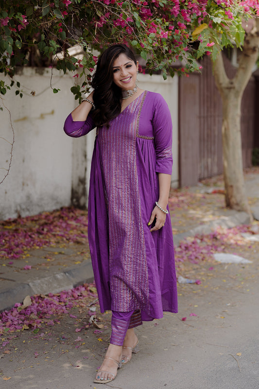 Purple Co-ord Set with Side Slit pleates & Embroidery