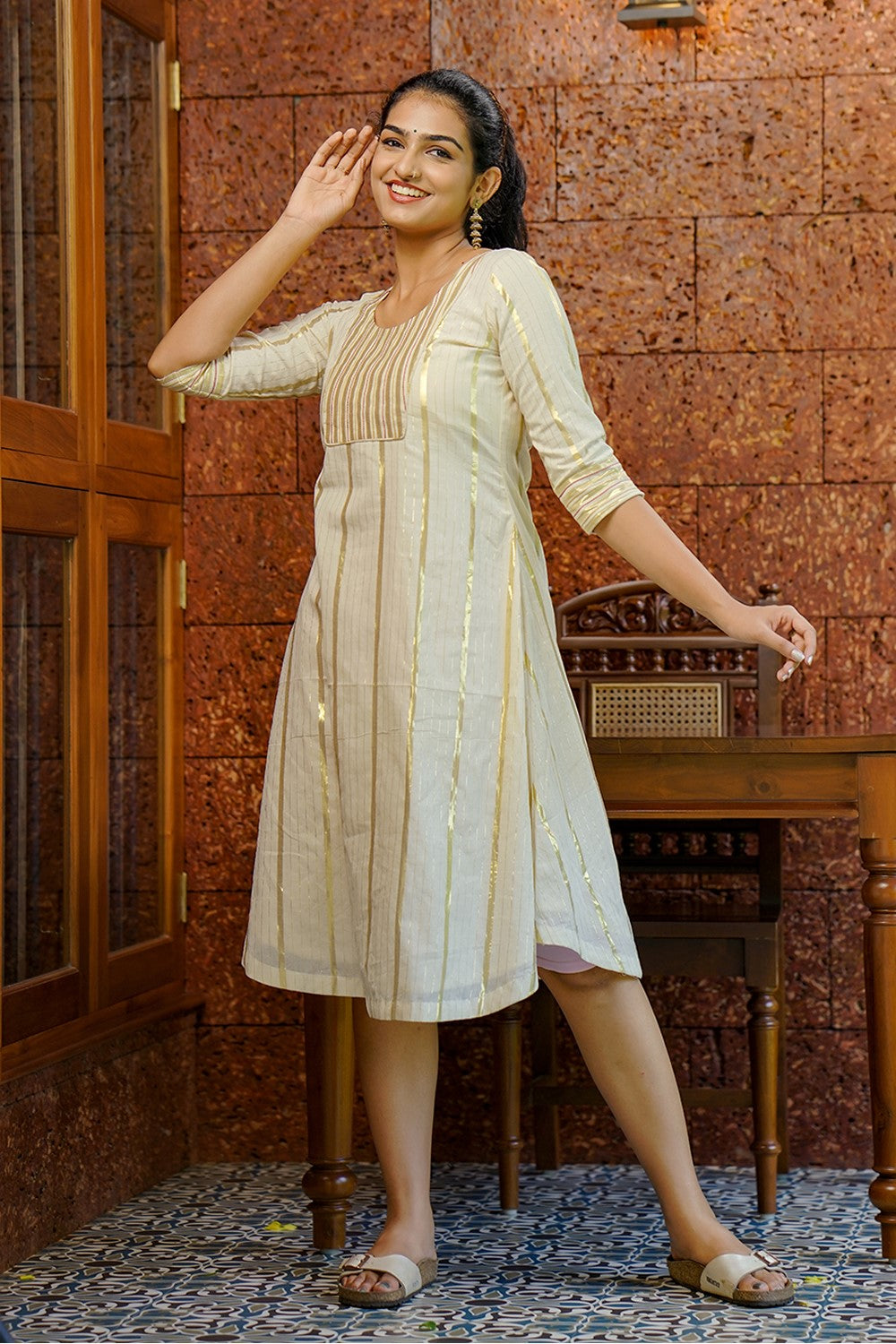 Off white Golden Striped A line Kurthi