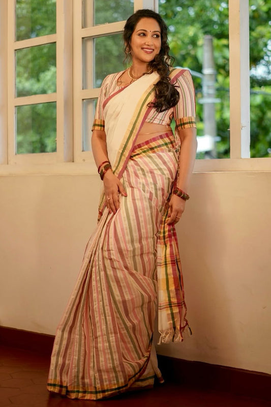 Kerala Handloom Saree with Multi Thick Stripes & Golden